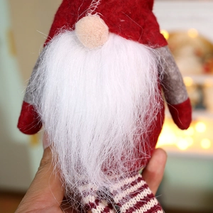 Handheld Christmas gnome doll with red stripe long legs and white plush beard decor