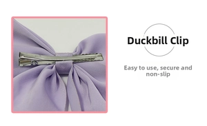Detailed back view of a light purple satin bow with a secure silver metal alligator clip
