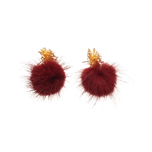 Deep red faux fur pom-pom earrings with golden zircon fireworks pattern stud details