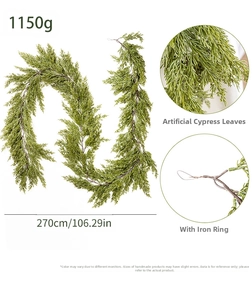 Detail of 270cm PE cypress garland showing realistic leaves, weight, and hanging ring