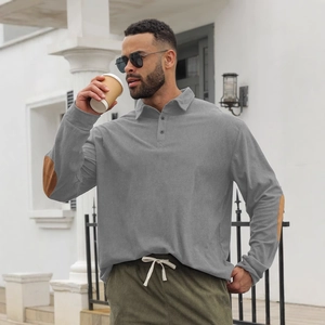 Men Long Sleeve Polo Shirt Corduroy Ribbed Fabric Contrast Elbow Patches Retro Casual Lapel Button Top