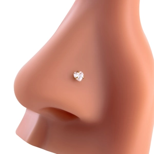 Golden heart-shaped nose stud with clear zircon gemstone on a 3mm stainless steel bar
