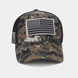 Close-up of tactical baseball cap with digital camouflage and breathable mesh panel