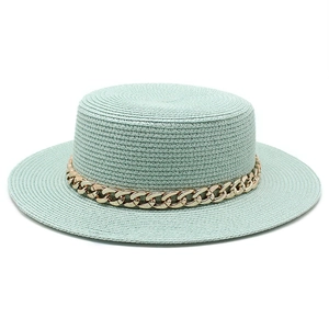 Mint green boater straw hat with flat top and gold chain decoration for women