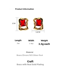 Detailed size chart for red enamel earrings with 1.6cm width and 2cm length measurement