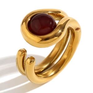 Minimalist double-layered 18K gold plated stainless steel ring with red stone inlay