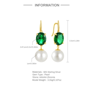 Detailed view of S925 silver emerald zircon and pearl drop earrings with size info