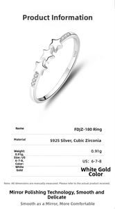 Detailed size chart for S925 sterling silver star ring with cubic zirconia accents