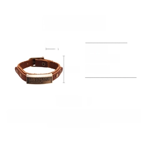 Brown leather bracelet with engraved alloy plate and size specs showing 23.5cm length