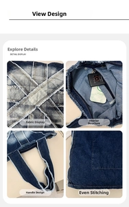 Detail view of denim tote bag showing inner pockets, sturdy handles and frayed edges