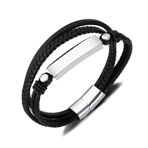 Men's vintage black woven leather bracelet with customizable stainless steel metal plate