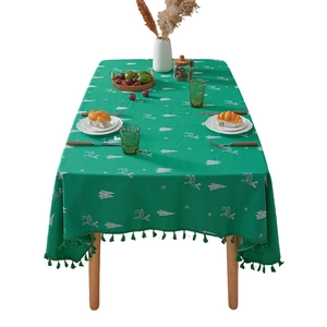 Christmas reindeer embroidery tablecloth in green cotton linen with elegant tassels