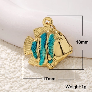 Gold-plated marine fish pendant with teal stripes for DIY jewelry making, 17mm x 18mm size