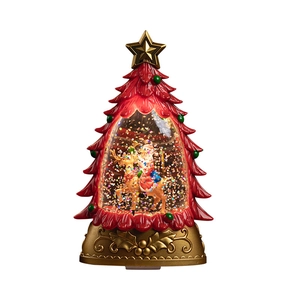 Light-up Christmas tree snow globe with Santa and reindeer scene on golden base