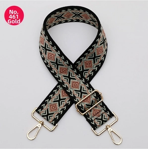 Detail of geometric pattern woven bag strap with golden lobster clasps and buckles