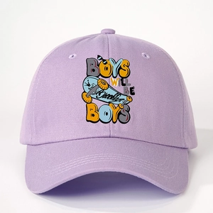 Purple cotton baseball cap featuring colorful BOYS WILL BE BOYS graffiti and skateboard print