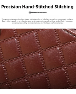 Detailed macro view of dark brown PU leather pouch with diamond lattice stitching and grain