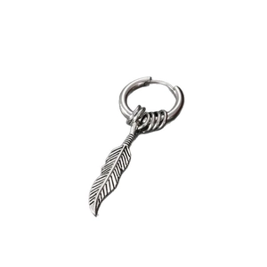 Punk style stainless steel hoop earring with vintage silver feather pendant charm