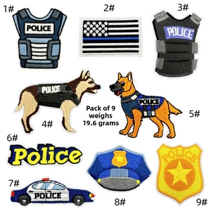 Set of 9 police-themed embroidered patches including badges and police cars