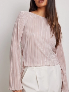 Elegant light pink pleated long sleeve blouse with slim fit and round neck for women