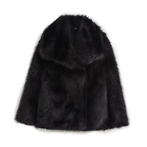 Detailed view of the black faux fur coat texture with a large lapel design