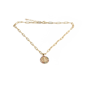 Bohemian hip hop gold necklace with round religious portrait pendant and colorful gems