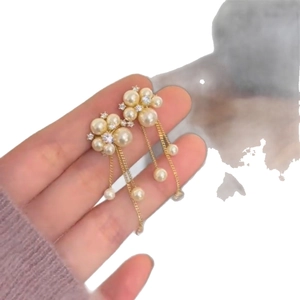 Elegant floral pearl tassel earrings with zircon accents and gold metal chains for women