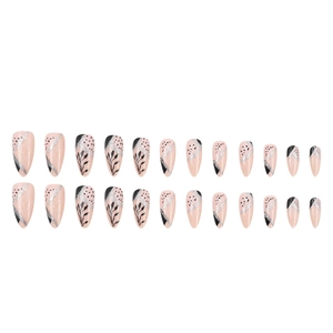 Set of 24 almond press-on nails with pink and black leaf patterns and silver glitter lines