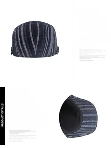 Detail view of adjustable buckle and striped pattern on winter newsboy cap back