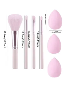 Size dimensions for pink makeup brush set including sponges and brushes in inches and cm