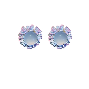French style floral stud earrings with blue gemstone and miniature rose petals