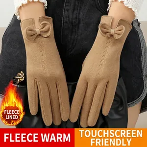 Women Winter Warm Gloves Faux Suede Fleece Lined Touchscreen Windproof Bow Decor Elegant Outdoor Accessories