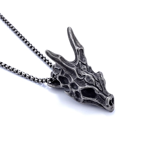 Vintage silver stainless steel dragon skull necklace with oxidised finish on box chain