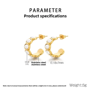 Detail showing 18k gold plated C-shape earrings with shell inlay and size measurements