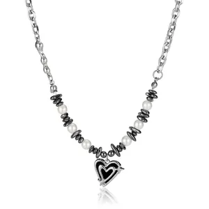 Heart Pendant Necklace Stainless Steel Chain Faux Artificial Pearl Hematite Beads Punk Sweet Cool Style Jewelry For Women