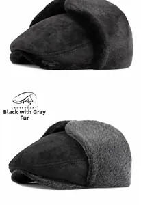Detalle de gorra de invierno con orejeras en ante negro y ribete de piel sintética gruesa