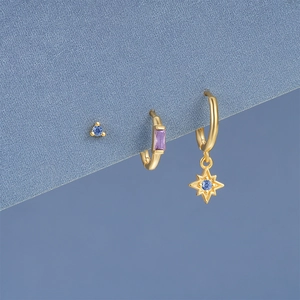 Detail of S925 silver gold-plated earring set featuring blue and purple gemstones