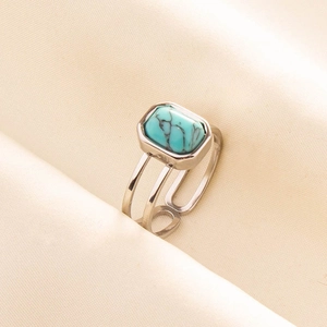 Detailed close-up of a 304 stainless steel ring featuring a rectangular turquoise stone