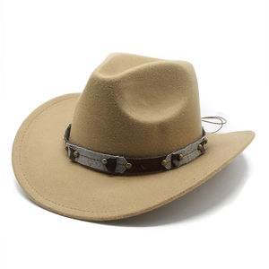Detail of khaki felt cowboy hat showing braided band and metallic stud accents