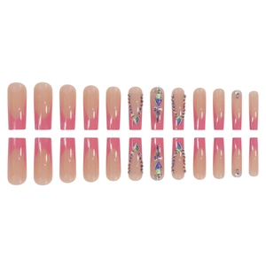 Pink French gradient press-on nails set with luxury rhinestones and diamond chains