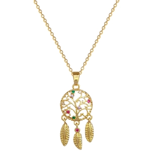 Golden Tree of Life dreamcatcher necklace with colorful crystals and feather pendants