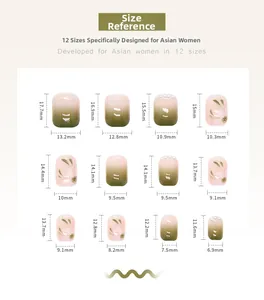 Size chart showing 12 dimensions of green floral press-on nails with pearl accents