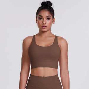 Dark brown brushed yoga set with U-neck sports bra and high-waisted leggings