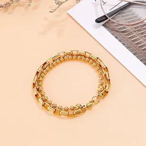 Double Layer Stainless Steel Bracelet Geometric Link Bead Chain Minimalist Fashion Hand Jewelry For Women