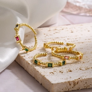 Adjustable Open Ring Gold Plated Copper Beaded Texture Rectangular Cubic Zirconia Minimalist Vintage Finger Jewelry Women