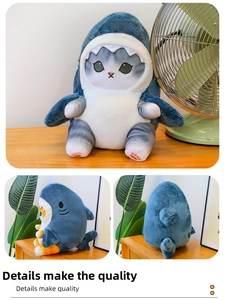 Detailed views of creative shark cat plush doll with embroidery and soft blue fabric