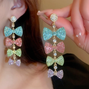 Elegant multi-color crystal bow fringe earrings with shimmering silver tassels for women