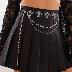 Retro multi-layer chain body belt with hollow mushroom charms on a pleated black skirt
