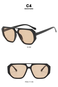 Detailed front and side views of chunky geometric pilot sunglasses with amber lenses