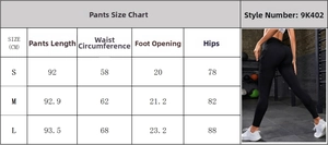 Guide des tailles détaillé pour pantalon de yoga taille haute avec mesures de hanches et taille